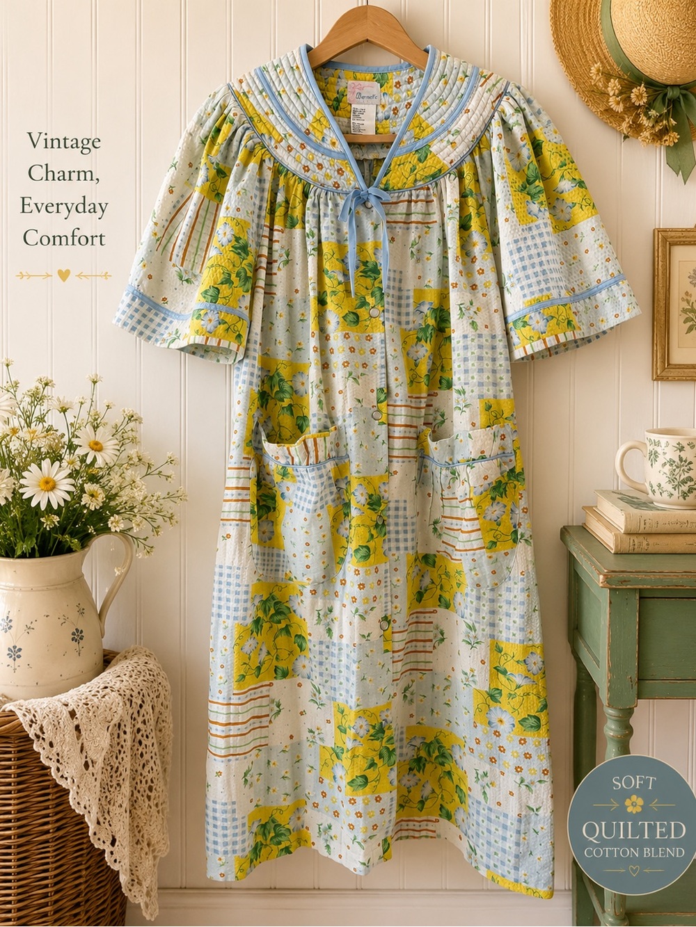 Bernette Quilted House Dress Large Floral Patchwork Snap Front Cottagecore